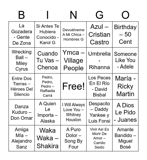 Musical Bingo Card