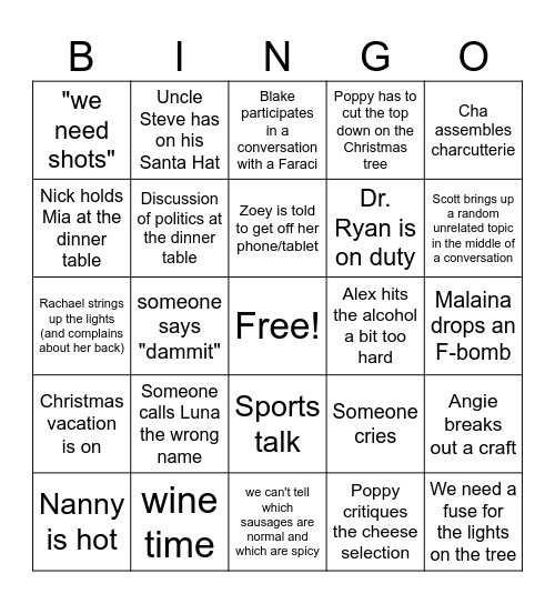 Faraci Christmas Bingo Card