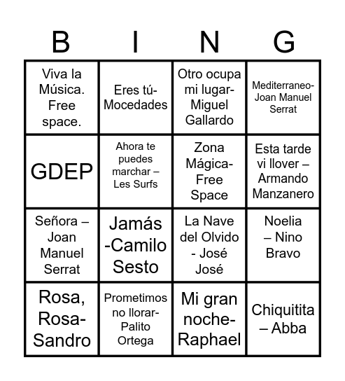 Bingo Musical Bingo Card