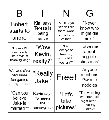 Kim-isms Christmas Eve Bingo Card