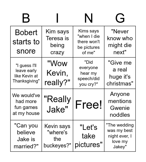 Kim-isms Christmas Eve Bingo Card