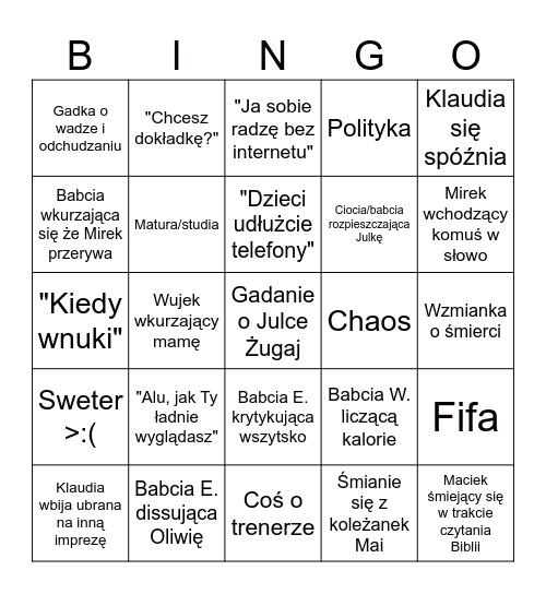 Rodzinne święta - starter pack Bingo Card