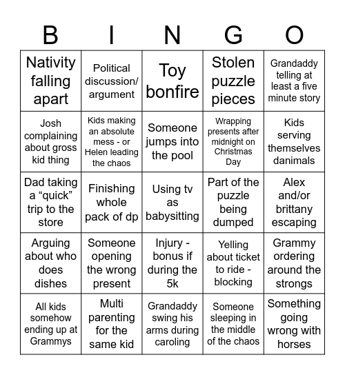 Colby Christmas Bingo Card