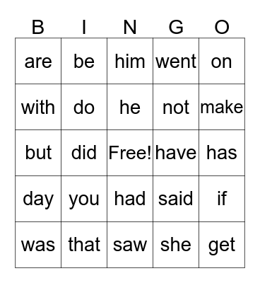 Sight Words Bingo Card