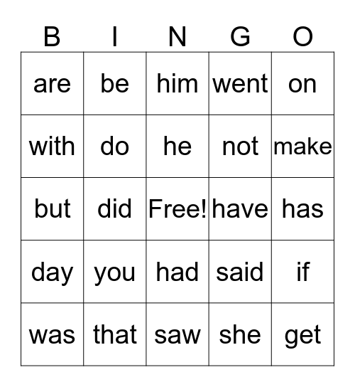 Sight Words Bingo Card