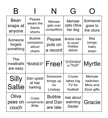 Dobbs Family Christmas Bingo Card