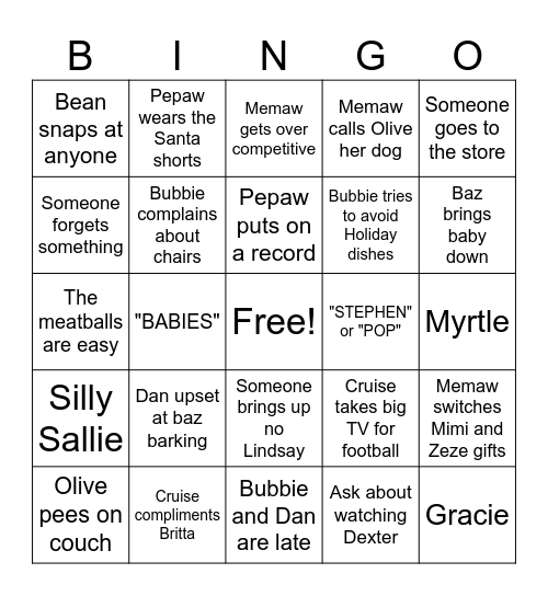 Dobbs Family Christmas Bingo Card