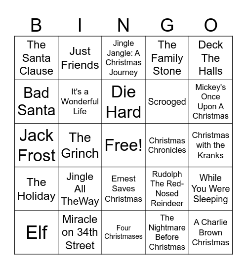 Christmas Movies Bingo Card