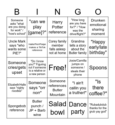 Butler Family Party Bingo Card