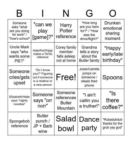 Butler Family Party Bingo Card