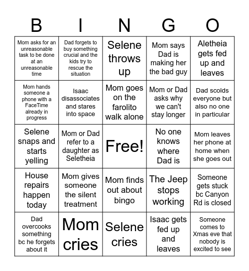 Preston Xmas Bingo Card