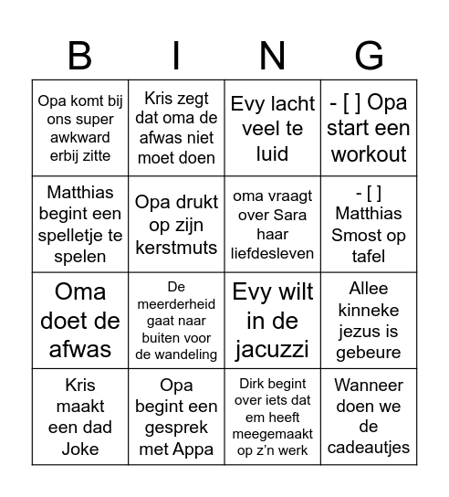 Kerst Bingo Card