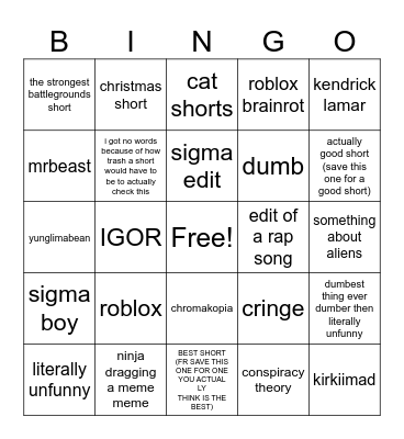 Dumb youtube shorts Bingo Card