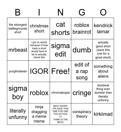 Dumb youtube shorts Bingo Card