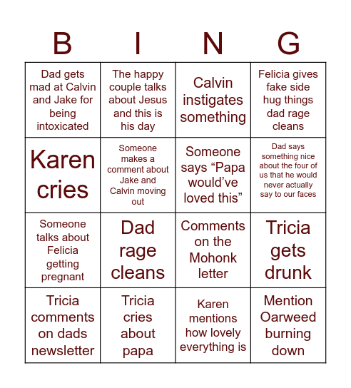 Christmas Eve Bingo Card