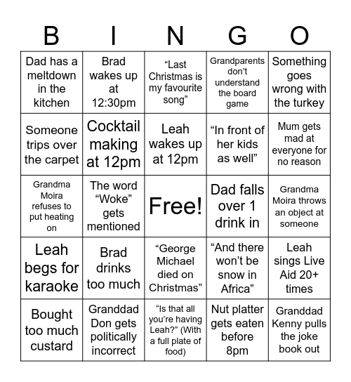 Fox Family Christmas Bingo Card