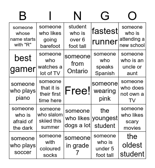 Youth Bingo Card