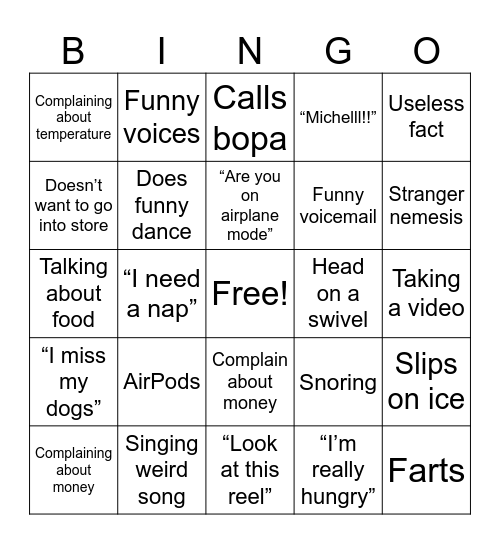 Dads vacation Bingo Card