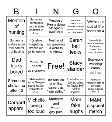 Johnson Family Holiday Bingo Card