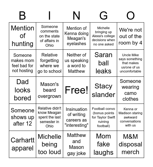 Johnson Family Holiday Bingo Card