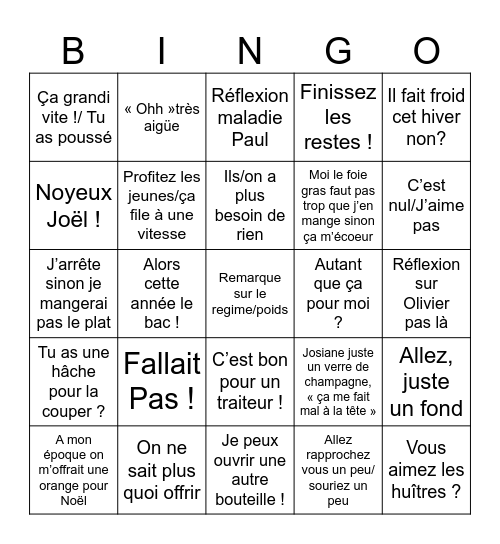 Noël Bingo Card