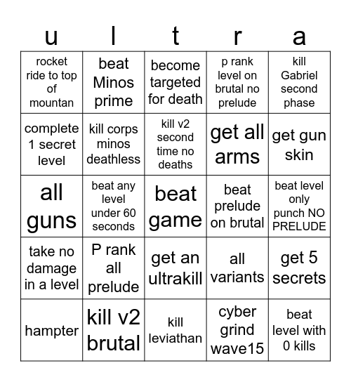 ultrakill Bingo Card