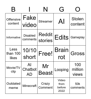YouTube Shorts Bingo Card