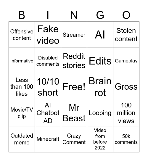 YouTube Shorts Bingo Card