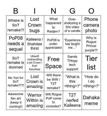 r/PrinceofPersia Subreddit Bingo (2024) Bingo Card