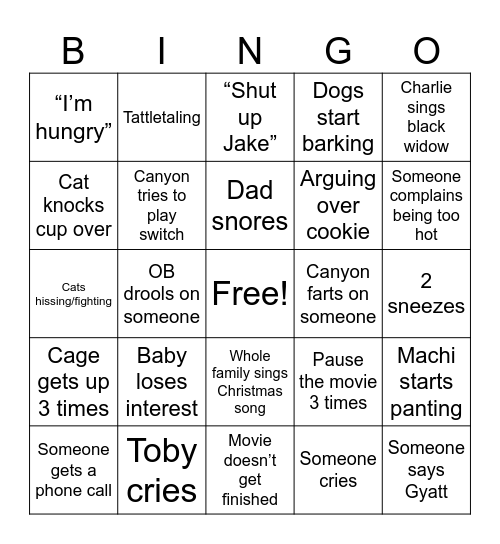 Daffern Xmas Eve Movie Bingo Card