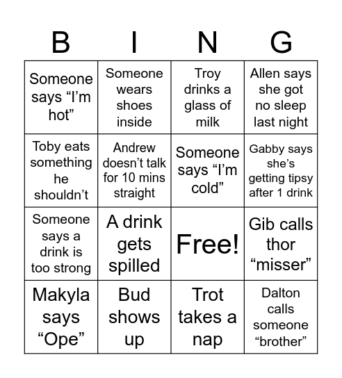 Toby’s Bingo Extravaganza Bingo Card