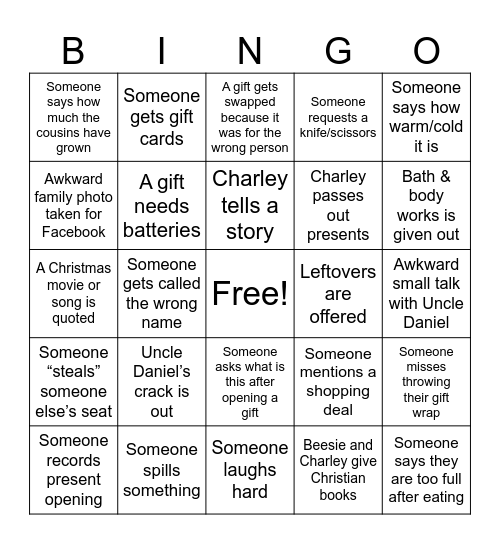 Family Christmas Bingo Card