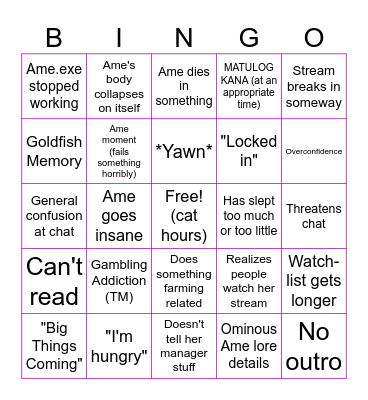 The Ame Bingo Card
