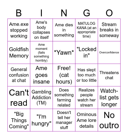 The Ame Bingo Card