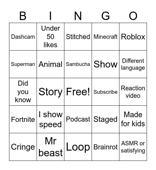 YouTube shorts Bingo Card