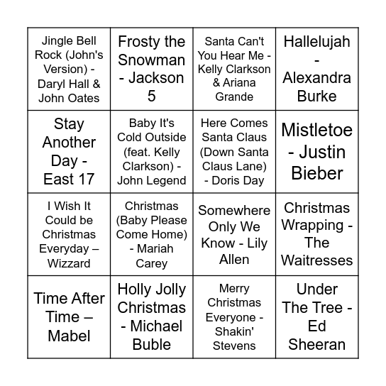 Christmas Music Bingo Card