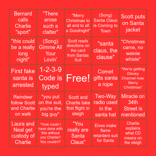 The Santa Clause Movie Bingo Card