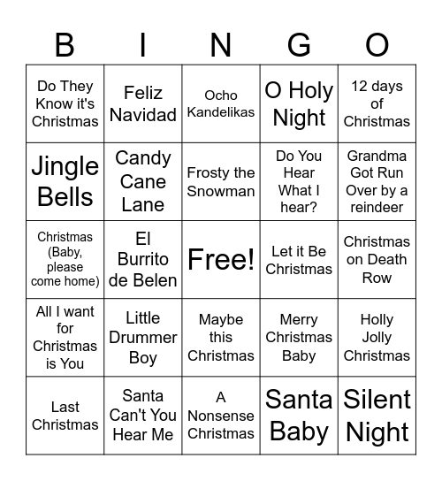 Christmas Songs 2.0 Bingo Card