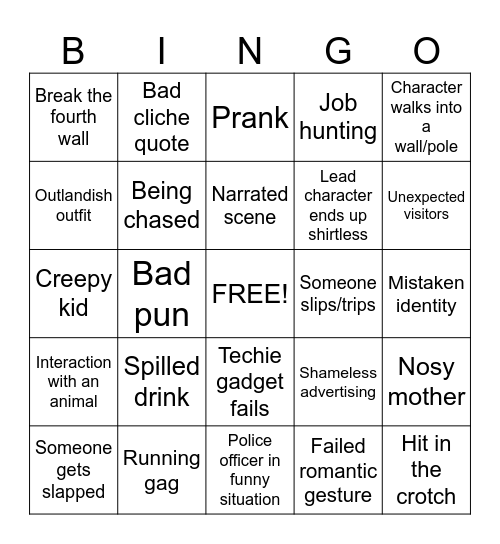 Comedy Movie Bingo Card