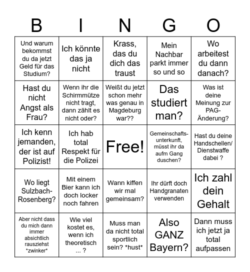 Blöde Fragen Bullshit Bingo Card