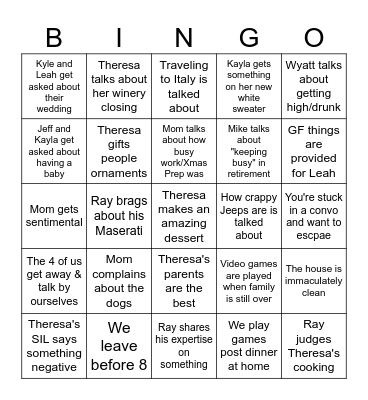 Christmas Eve BINGO Card