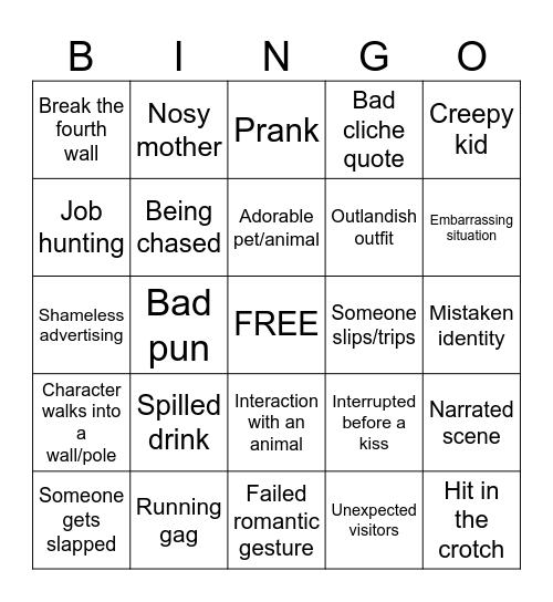 Comedy Movie Bingo Card