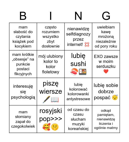 Jak dobrze mnie znasz? Bingo Card