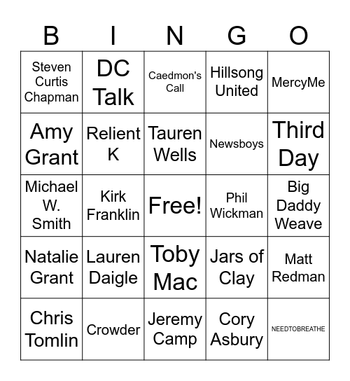 Christian Contemporary Bingo Card