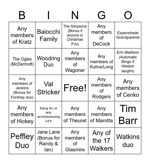 Christmas Eve Bingo Card