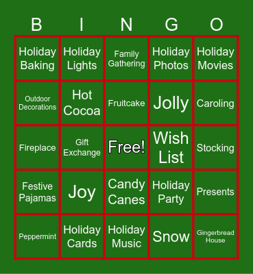 Holiday/Christmas Bingo Card