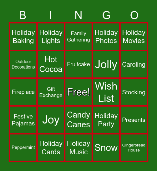 Holiday/Christmas Bingo Card