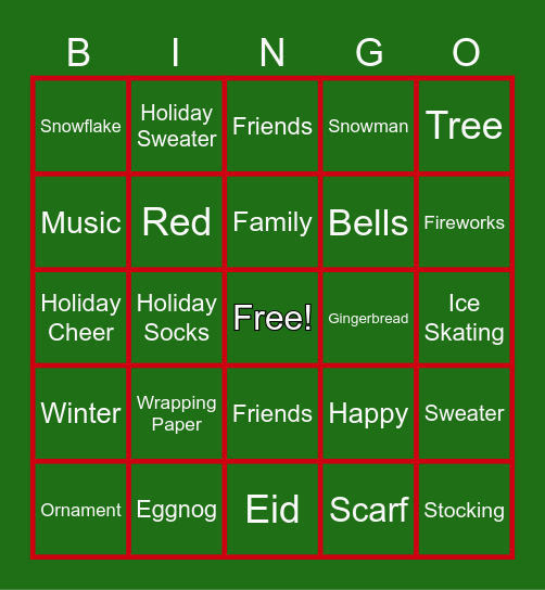 Holiday/Christmas Bingo Card