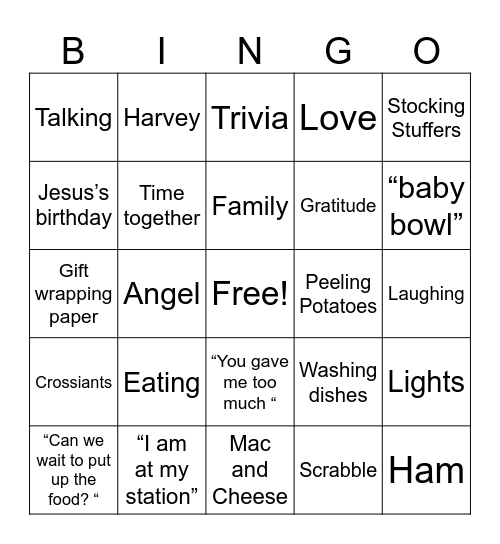 Family Christmas 2024 Bingo Card