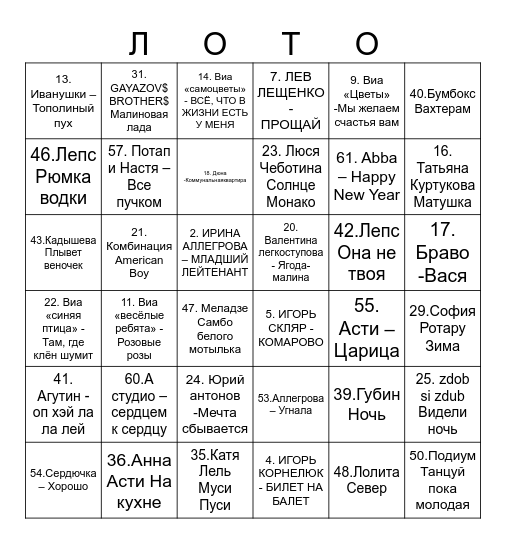 МУЗЫКАЛЬНОЕ Bingo Card